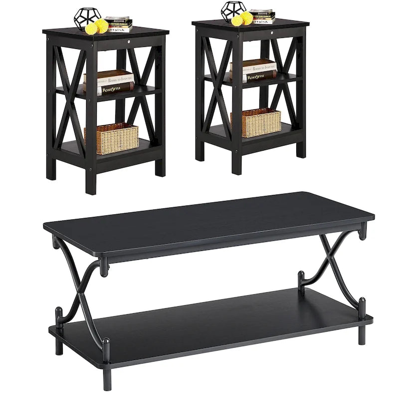 Ensemble de table basse moderne Javlergo 3 pièces pour salon comprenant une table basse en bois et un ensemble de 2 tables d'appoint-31