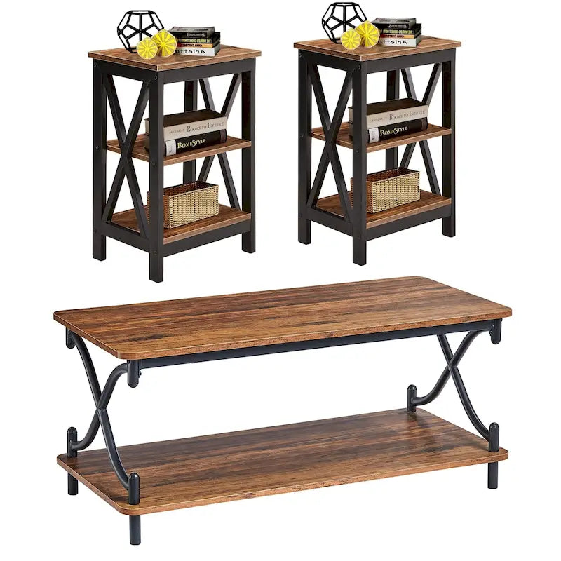Ensemble de table basse moderne Javlergo 3 pièces pour salon comprenant une table basse en bois et un ensemble de 2 tables d'appoint-33