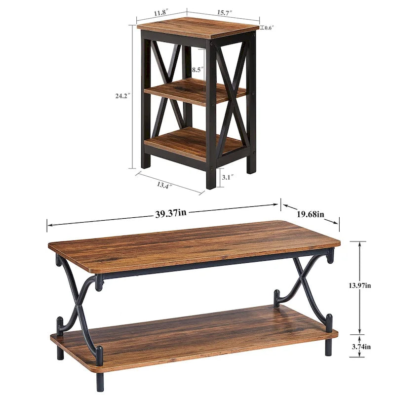 Ensemble de table basse moderne Javlergo 3 pièces pour salon comprenant une table basse en bois et un ensemble de 2 tables d'appoint-18