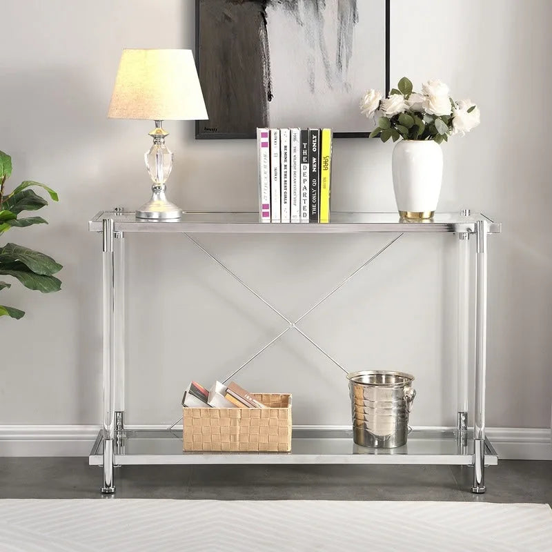 Grondin Modern Contemporary 2-Tier Console Table with Tempered Glass Top, Bottom Shelf, Steel and Acrylic Frame