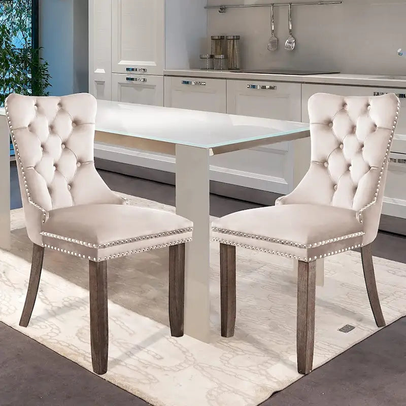 Ensemble de 2 chaises de salle à manger en velours, chaises de salle à manger haut de gamme capitonnées avec dossier clouté et poignées anneaux, pieds en bois massif-31