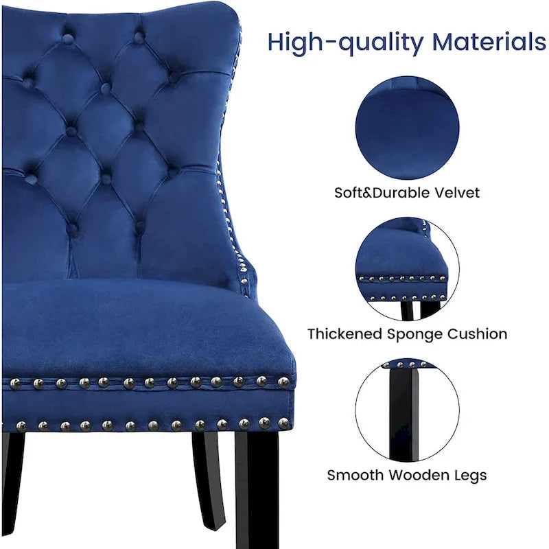 Ensemble de 2 chaises de salle à manger en velours, chaises de salle à manger haut de gamme capitonnées avec dossier clouté et poignées anneaux, pieds en bois massif-9