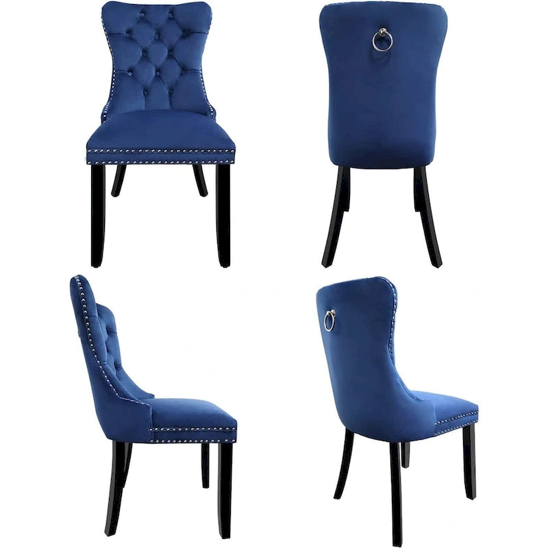 Ensemble de 2 chaises de salle à manger en velours, chaises de salle à manger haut de gamme capitonnées avec dossier clouté et poignées anneaux, pieds en bois massif-10