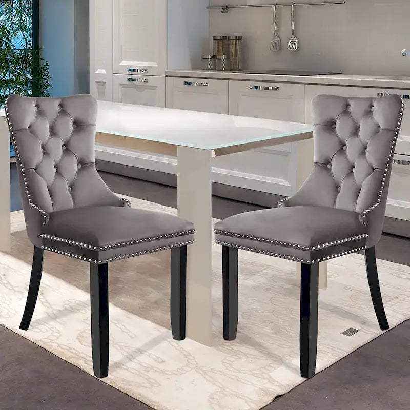 Ensemble de 2 chaises de salle à manger en velours, chaises de salle à manger haut de gamme capitonnées avec dossier clouté et poignées anneaux, pieds en bois massif-11