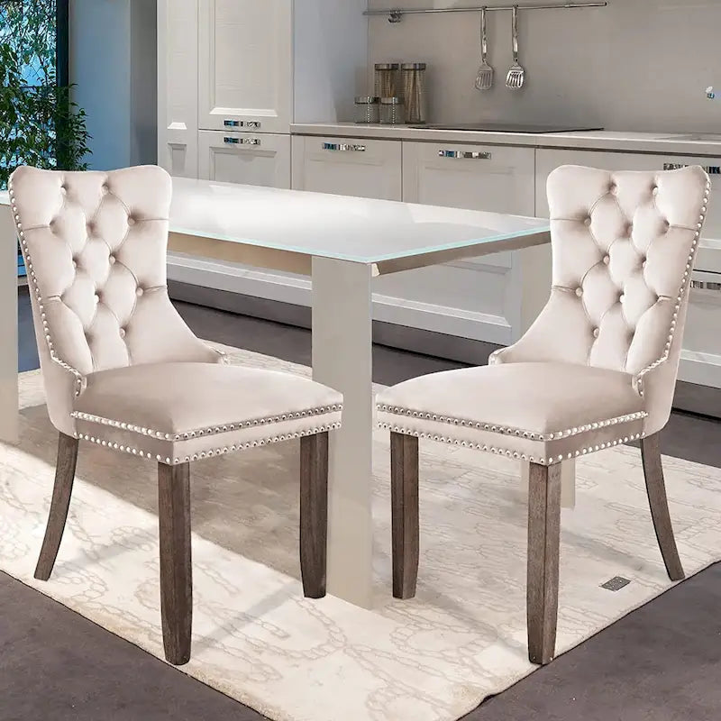 Ensemble de 2 chaises de salle à manger en velours, chaises de salle à manger haut de gamme capitonnées avec dossier clouté et poignées anneaux, pieds en bois massif-17