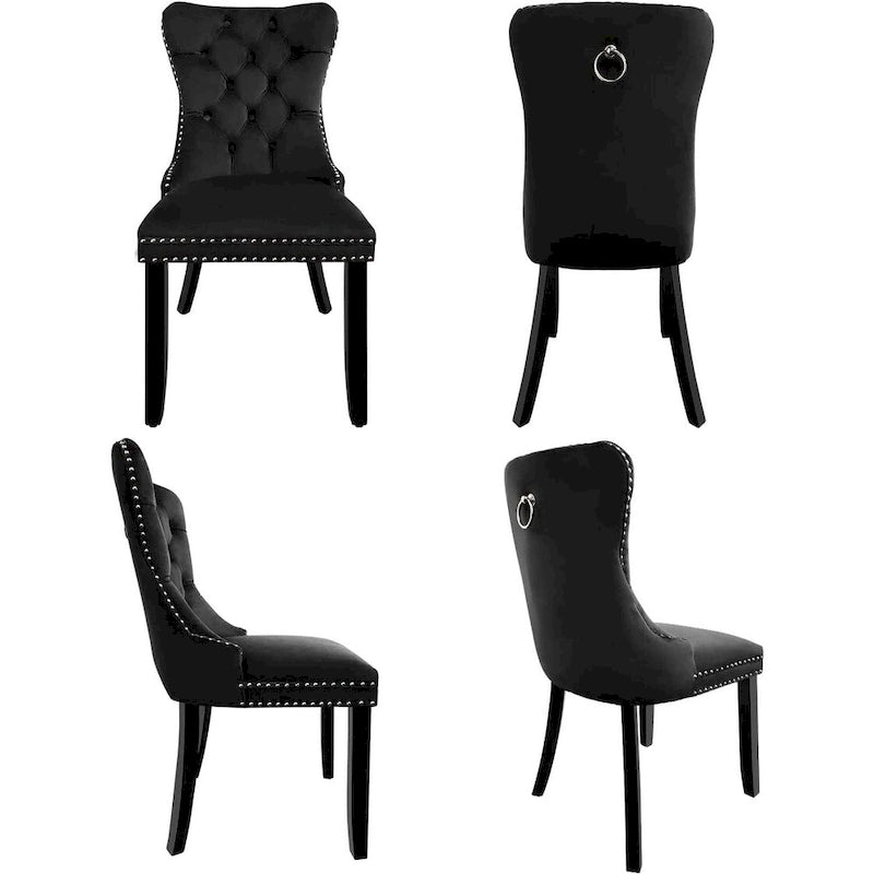 Ensemble de 2 chaises de salle à manger en velours, chaises de salle à manger haut de gamme capitonnées avec dossier clouté et poignées anneaux, pieds en bois massif-26