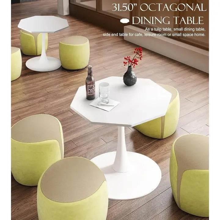 Table de salle à manger octogonale Grondin de style minimaliste moderne (31,5 po) avec plateau en MDF et pied central en métal, petite table de bar Tulipe-10