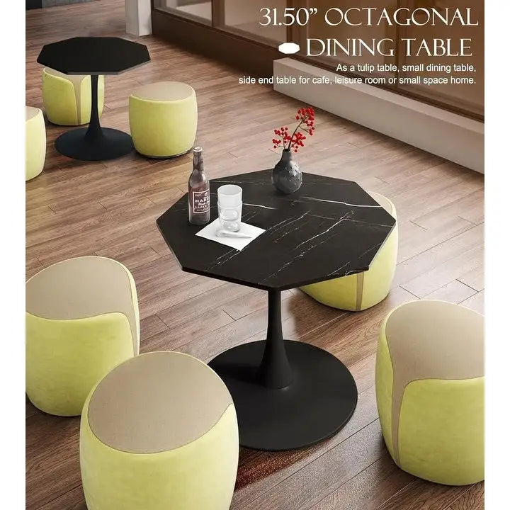 Table de salle à manger octogonale Grondin de style minimaliste moderne (31,5 po) avec plateau en MDF et pied central en métal, petite table de bar Tulipe-16