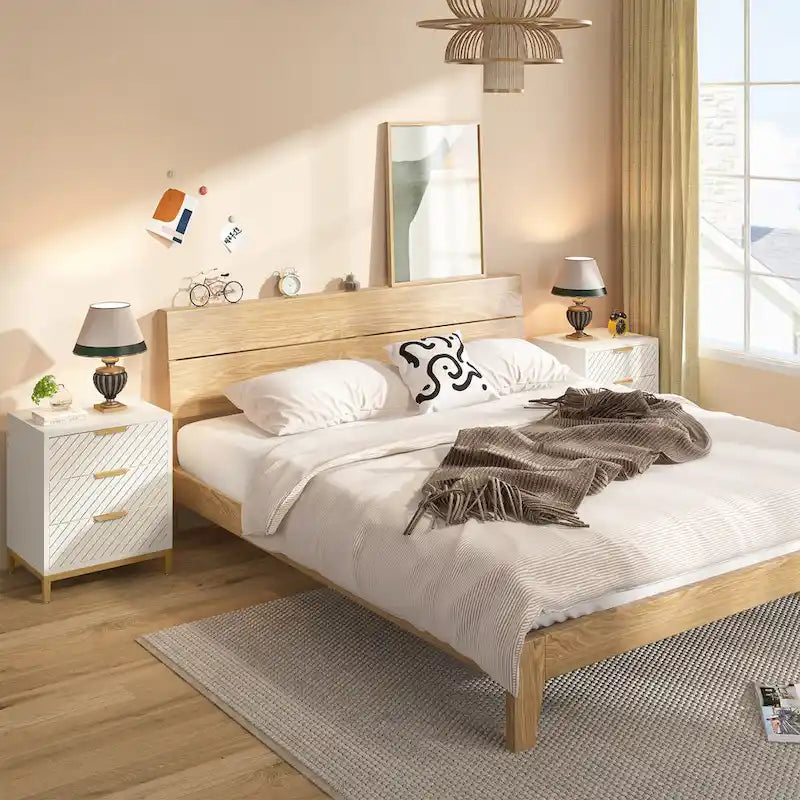 Tables de chevet blanches et dorées pour chambres à coucher, tables de chevet en bois clair avec 3 tiroirs-4