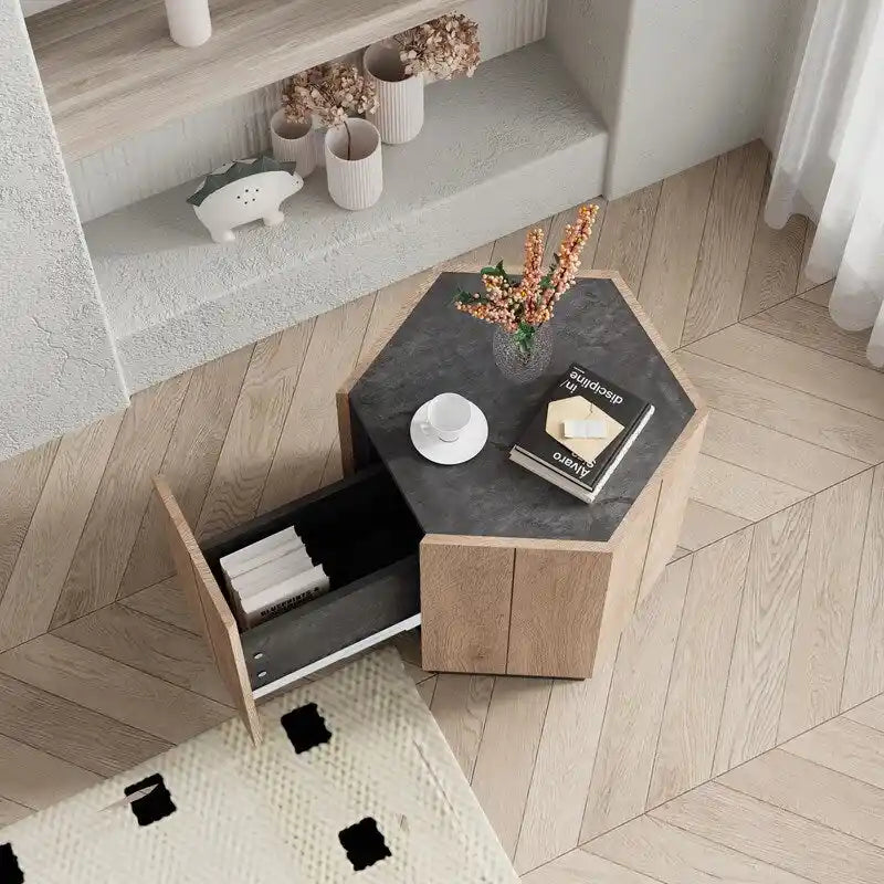 Table basse hexagonale de jardin rétro avec 2 tiroirs-4