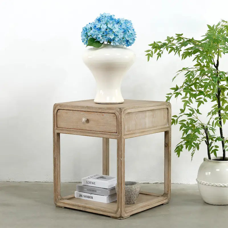Table d'appoint carrée Artissance Peking avec tiroir, 68,5 cm de hauteur, blanc délavé-7