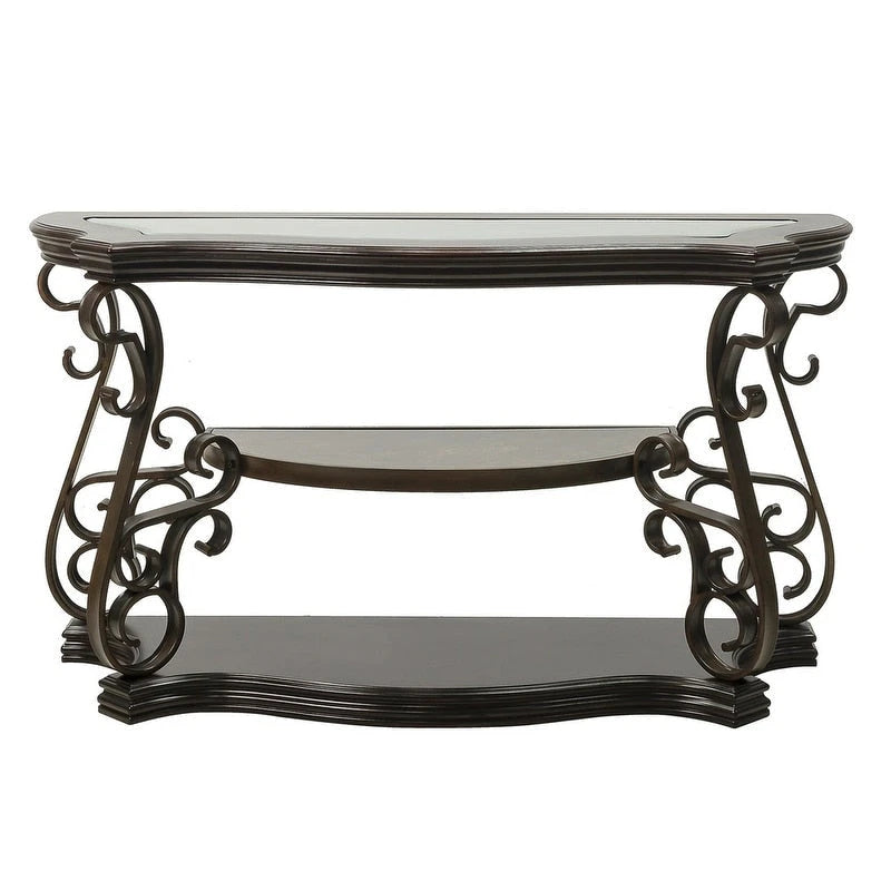 Table de contrôle traditionnelle avec plateau en verre trempé et étagère centrale, style rétro, idéale pour un salon, un hall d'entrée ou un couloir.-8