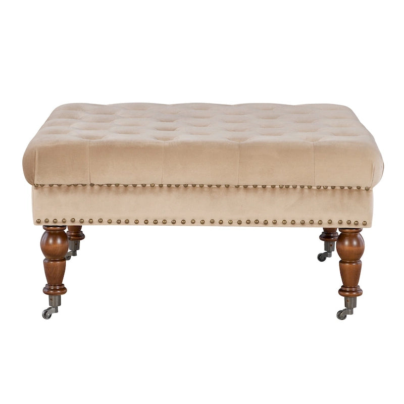 Pouf carré capitonné en velours beige Abigal