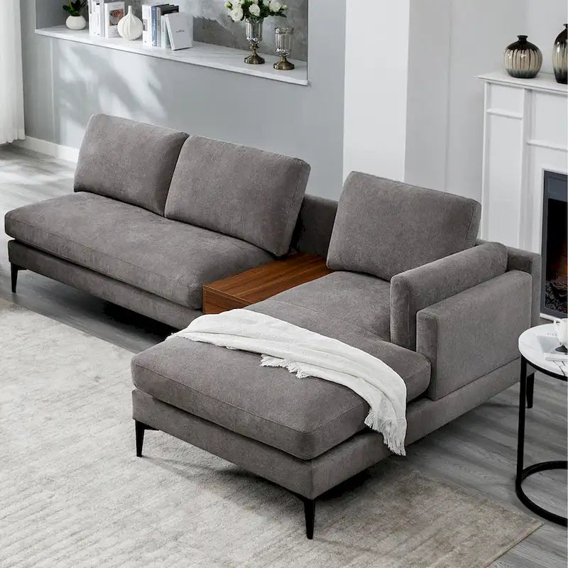 Canapé d'angle modulable réversible avec coffre décoratif en bois intégré-2