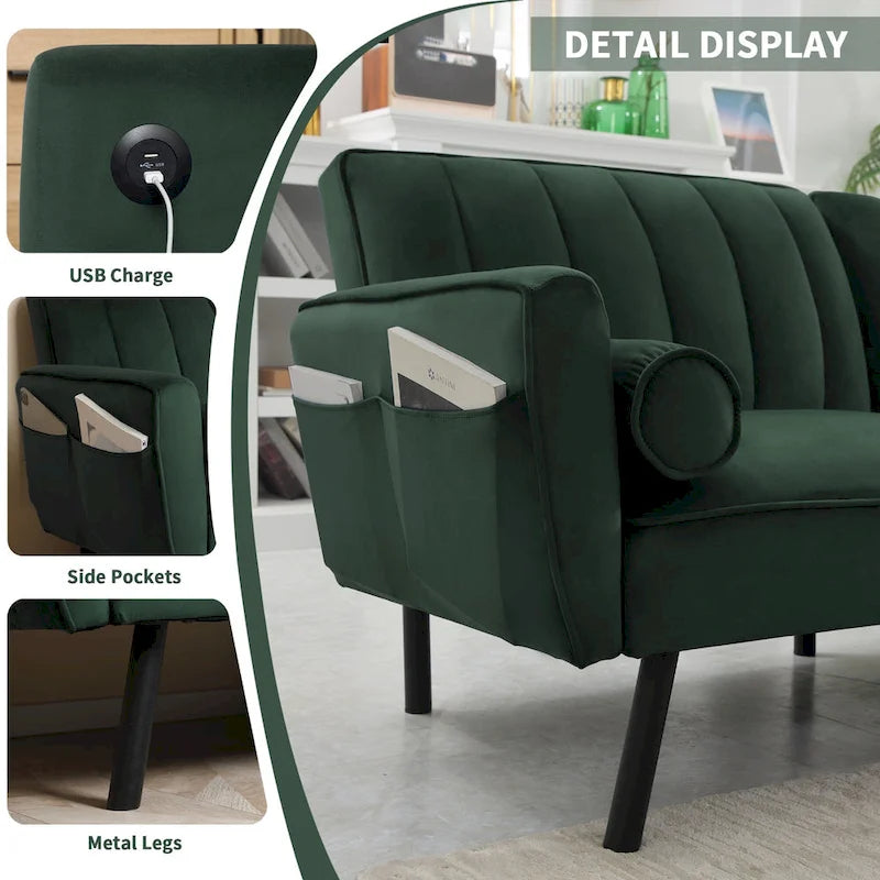 Canapé-lit convertible en velours avec port USB, idéal pour une chambre d'étudiant, un appartement ou une pièce supplémentaire - 2 personnes-3