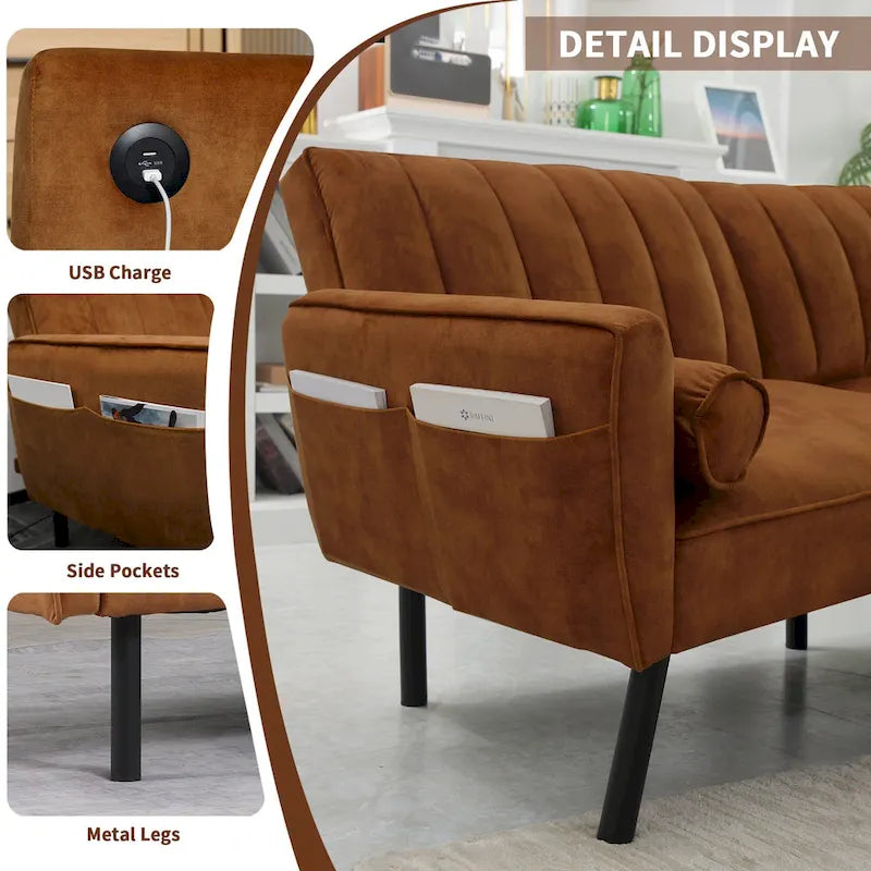 Canapé-lit convertible en velours avec port USB, idéal pour une chambre d'étudiant, un appartement ou une pièce supplémentaire - 2 personnes-9