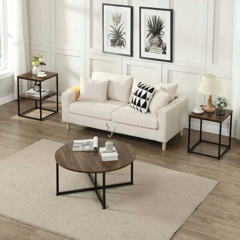 Ensemble de 3 tables basses et d'appoint rondes Myhozm avec étagères ouvertes