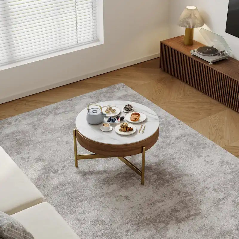 Table basse moderne, table basse ronde à plateau relevable avec rangement, plateau en pierre frittée, pieds en acier au carbone-6