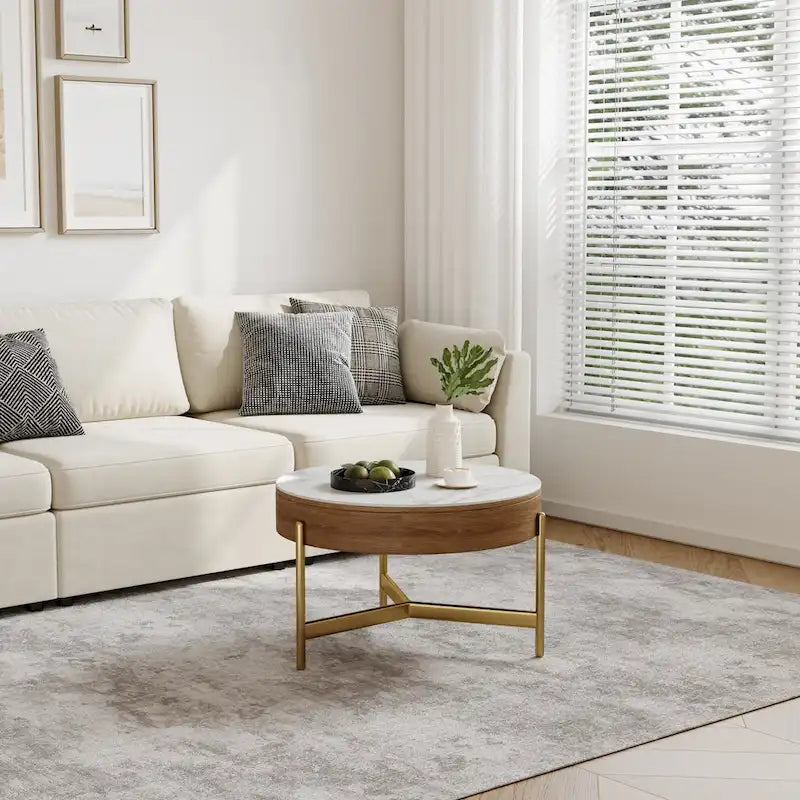 Table basse moderne, table basse ronde à plateau relevable avec rangement, plateau en pierre frittée, pieds en acier au carbone-8