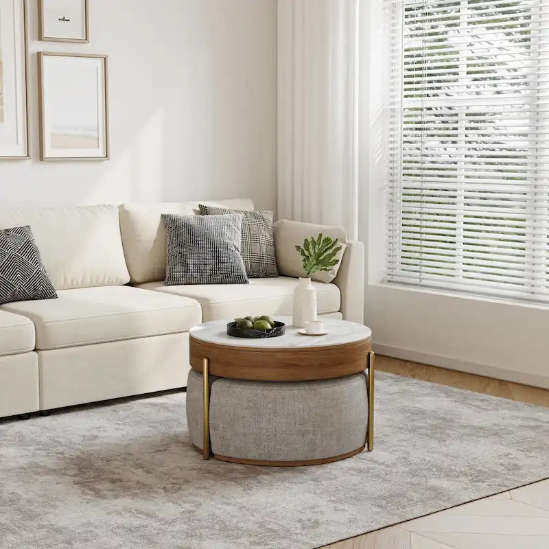 Table basse moderne, table basse ronde à plateau relevable avec rangement, plateau en pierre frittée, pieds en acier au carbone-14