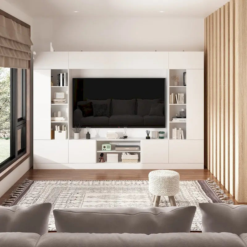 Meuble TV bibliothèque avec rangement et éclairage d'ambiance, blanc/noir-3