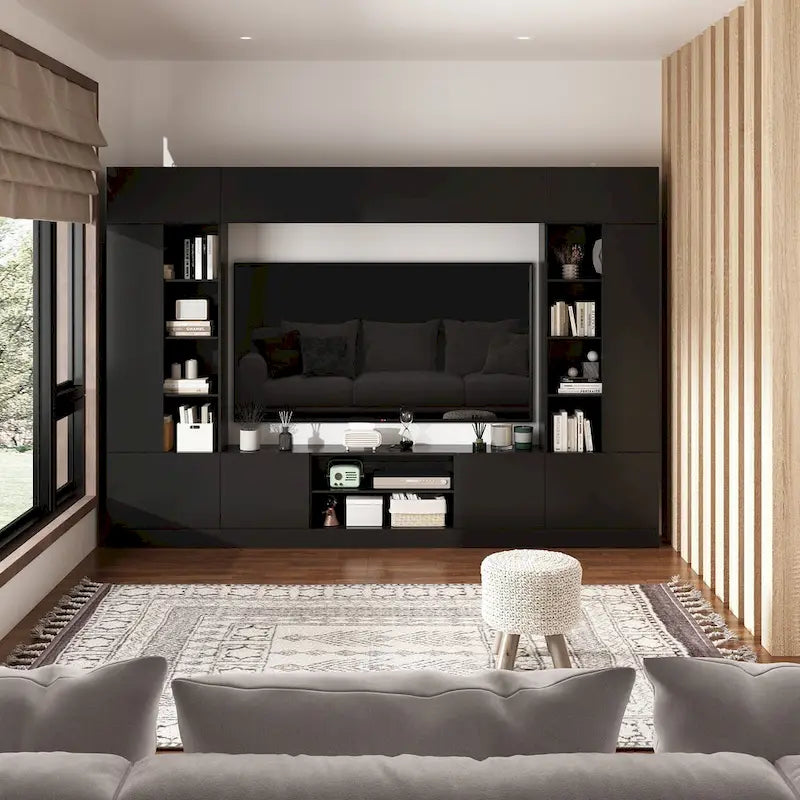 Meuble TV bibliothèque avec rangement et éclairage d'ambiance, blanc/noir-16