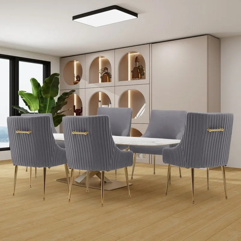 SEYNAR Ensemble de 6 chaises de salle à manger ou de coiffeuse modernes et glamour en velours bouclé plissé avec poignée arrière-3