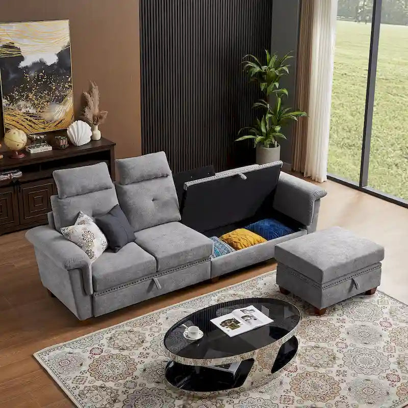 109 Modern 4 Seaters Towelling Sectional Sofa with Hidden Coffee Table Adjustable Headrest and Large Storage Space