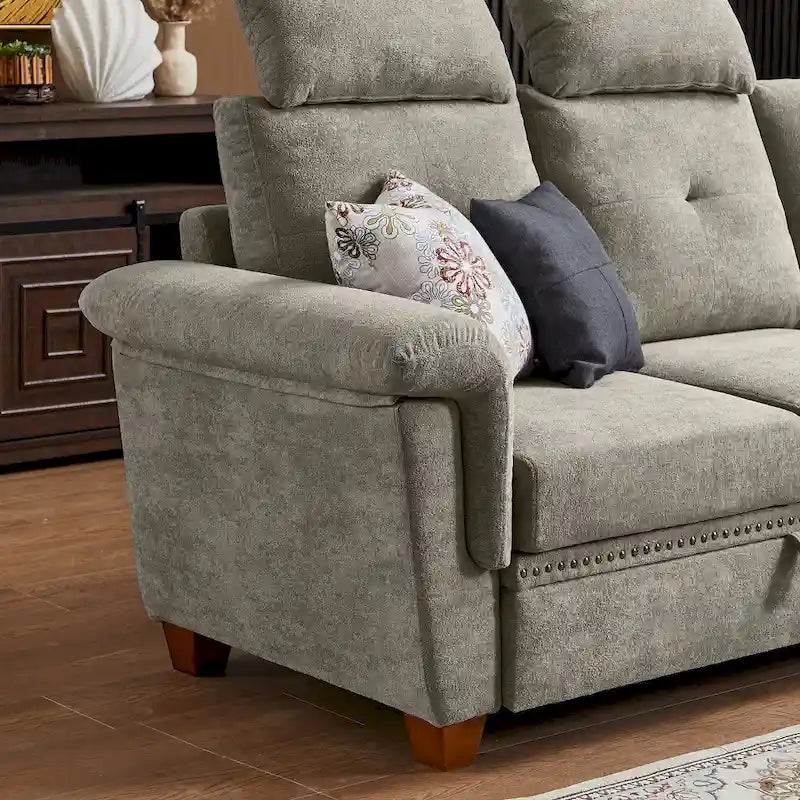 Canapé d'angle moderne 4 places en tissu éponge avec table basse dissimulée, appui-tête réglable et grand espace de rangement.-12