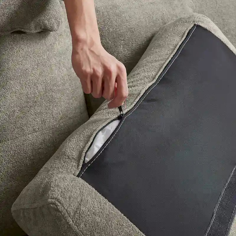 Canapé d'angle moderne 4 places en tissu éponge avec table basse dissimulée, appui-tête réglable et grand espace de rangement.-17