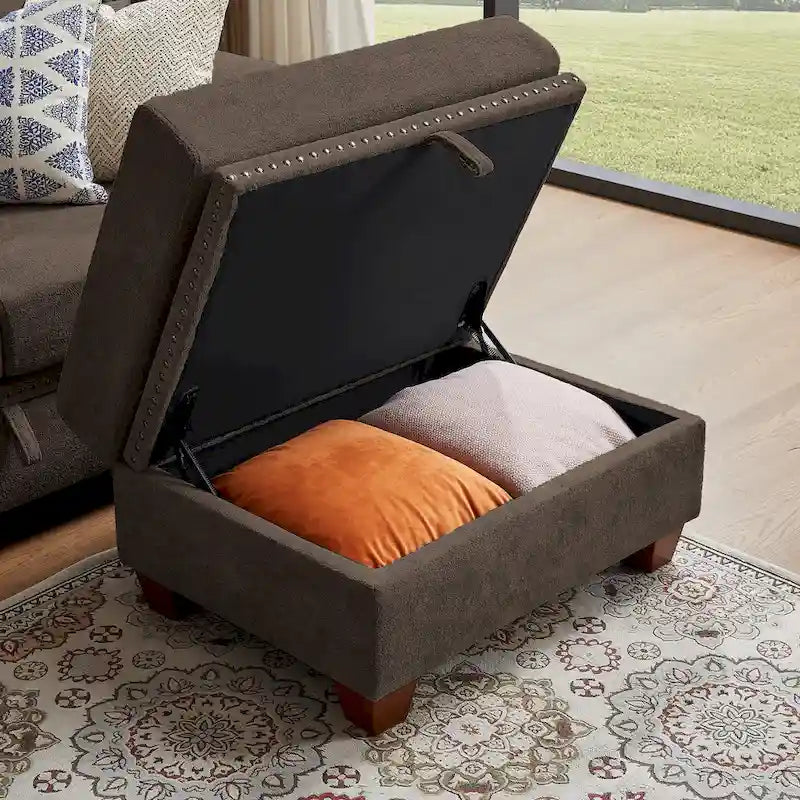 Canapé d'angle moderne 4 places en tissu éponge avec table basse dissimulée, appui-tête réglable et grand espace de rangement.-29