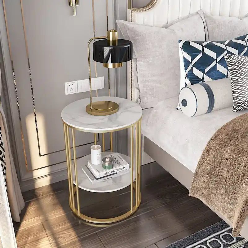 Table d'appoint ronde à deux niveaux en pierre frittée avec cadre doré-6