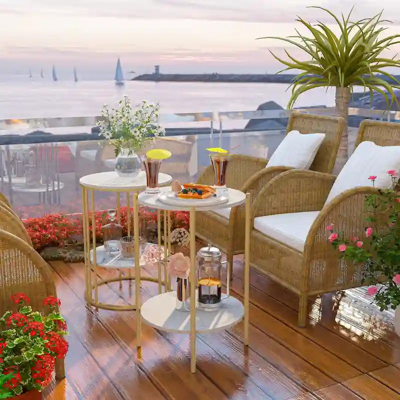 Table d'appoint ronde à deux niveaux en pierre frittée avec cadre doré-7