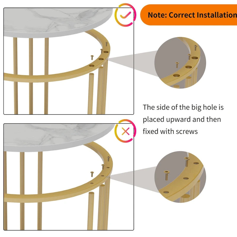 Table d'appoint ronde à deux niveaux en pierre frittée avec cadre doré-10