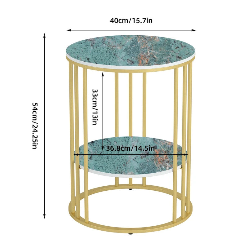 Table d'appoint ronde à deux niveaux en pierre frittée avec cadre doré-17