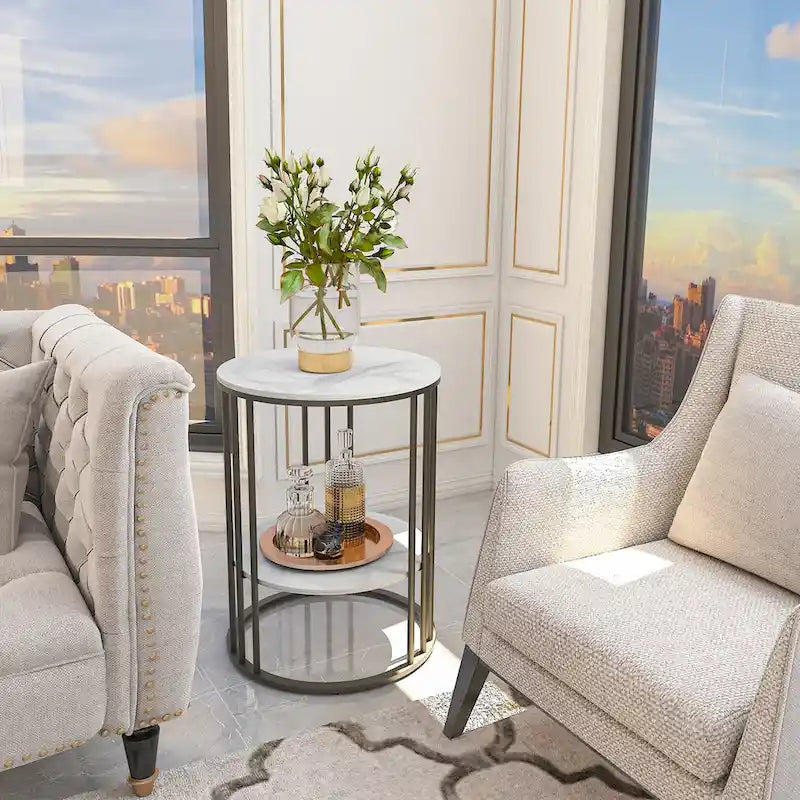 Table d'appoint ronde à deux niveaux en pierre frittée avec cadre doré-23