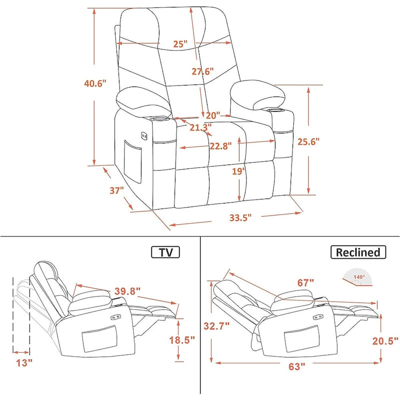 Fauteuil inclinable à bascule manuel MCombo avec ports USB, similicuir 8002-12