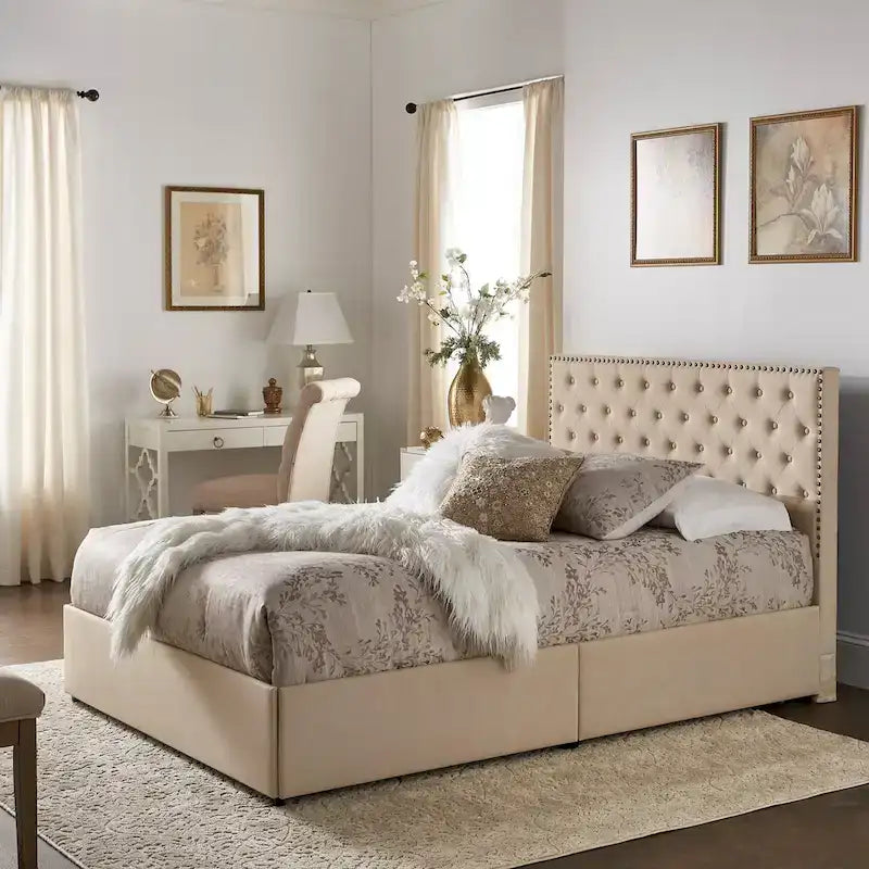 Lit plateforme avec tête de lit en lin cloutée Arlert et rangement par iNSPIRE Q Classic-2