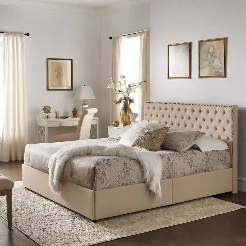 Lit plateforme avec tête de lit en lin cloutée Arlert et rangement par iNSPIRE Q Classic-4