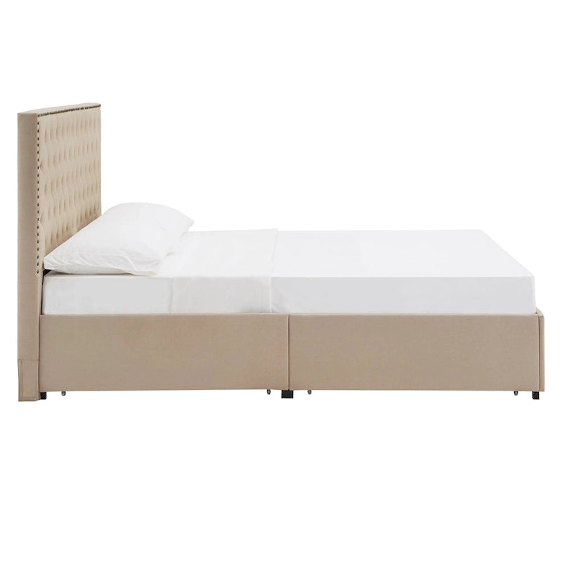 Lit plateforme avec tête de lit en lin cloutée Arlert et rangement par iNSPIRE Q Classic-16