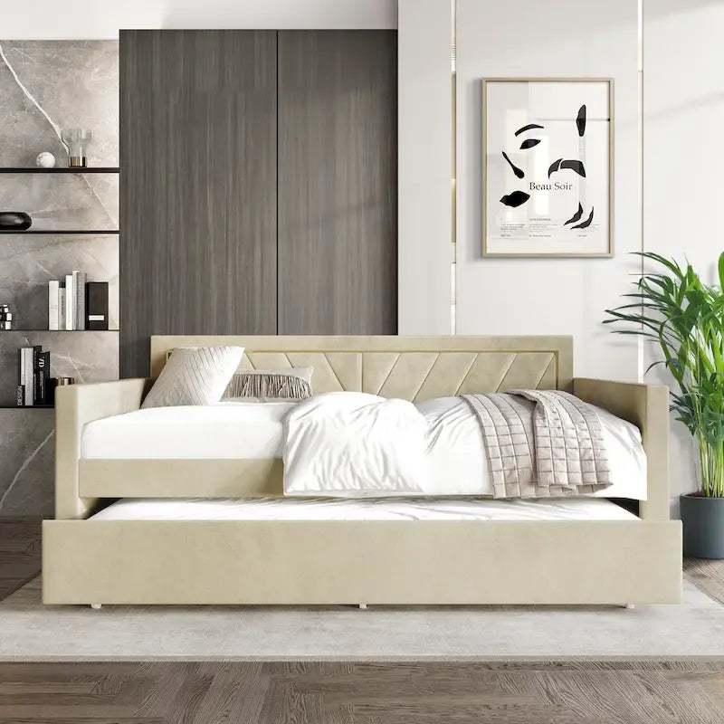 Lit de jour CraftPorch Glam Velvet capitonné, format simple, avec lit gigogne-4