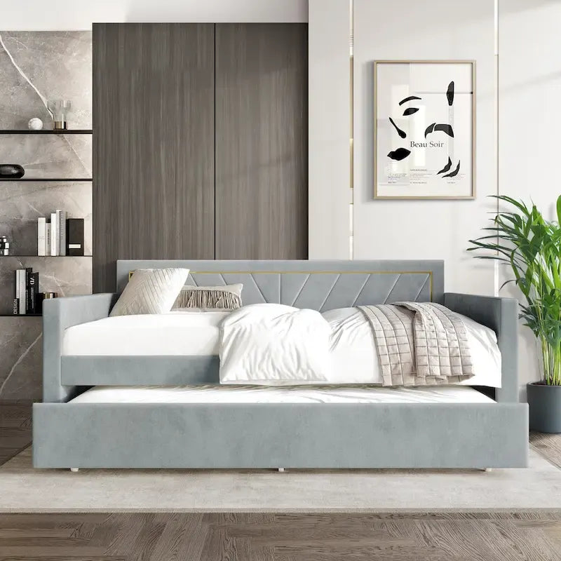 Lit de jour CraftPorch Glam Velvet capitonné, format simple, avec lit gigogne-10