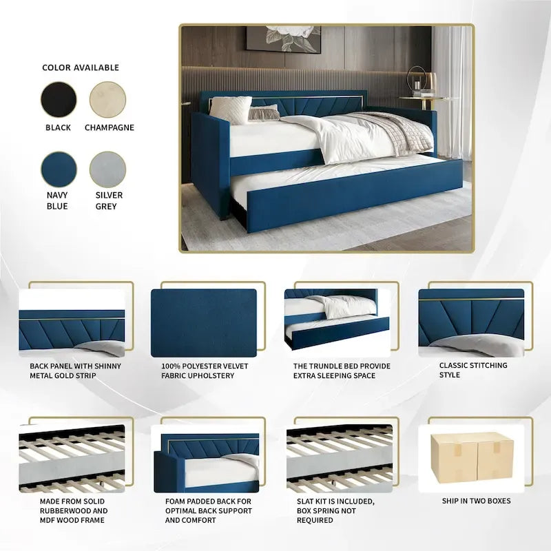 Lit de jour CraftPorch Glam Velvet capitonné, format simple, avec lit gigogne-15