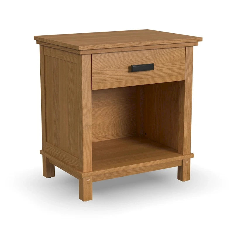 Lit King en bois brun Oak Park, deux tables de chevet et commode-6