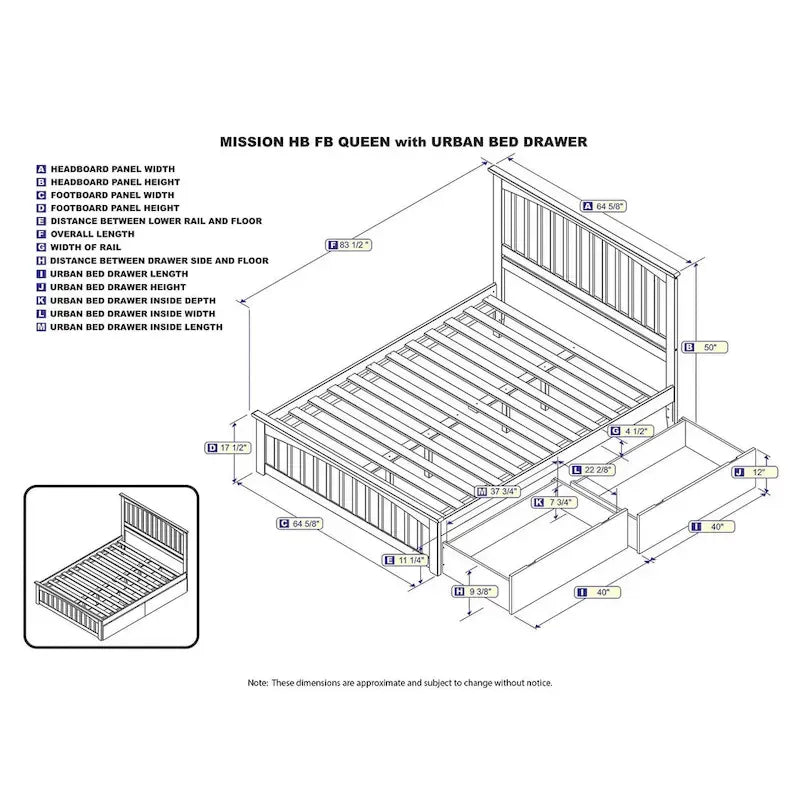 Lit plateforme Mission Queen avec 2 tiroirs de lit en noyer-10