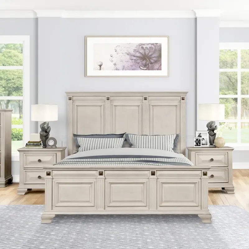 Roundhill Furniture Renova 3-Piece Distressed Parchment Wood Bedroom Set, Panel Bed with 2 Nightstands