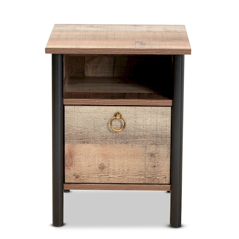Vaughan Modern Rustic Oak Brown and Black Finished Wood Nightstand