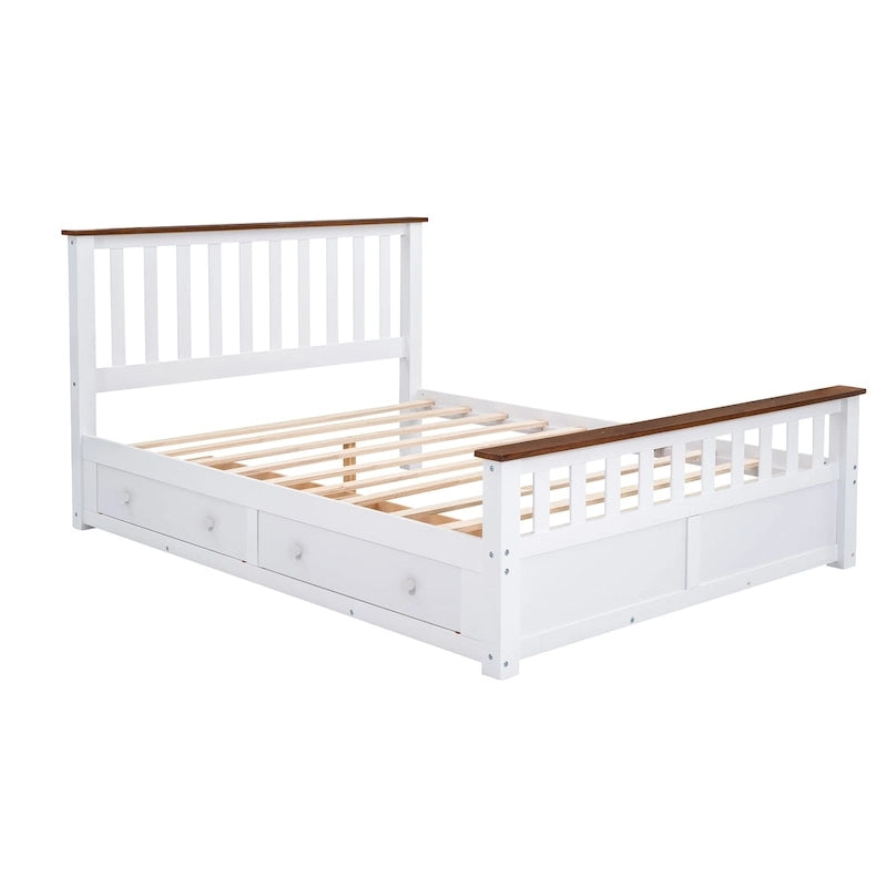 Lit plateforme en bois Queen Size avec deux tiroirs et sommier à lattes, blanc et noyer-3