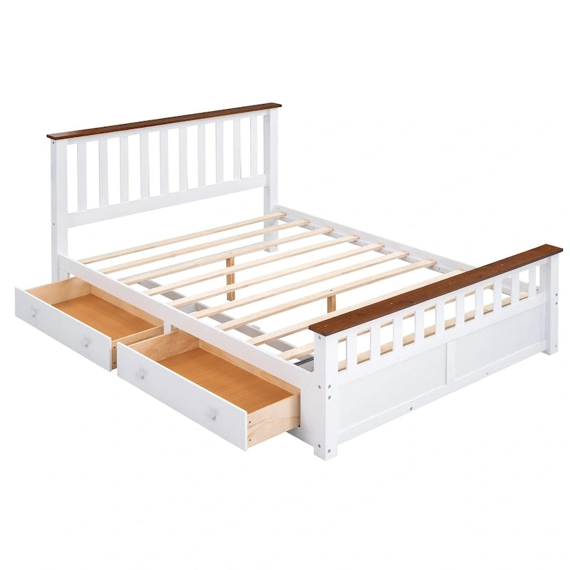 Lit plateforme en bois Queen Size avec deux tiroirs et sommier à lattes, blanc et noyer-4