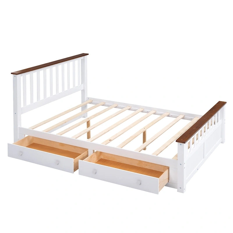 Lit plateforme en bois Queen Size avec deux tiroirs et sommier à lattes, blanc et noyer-5